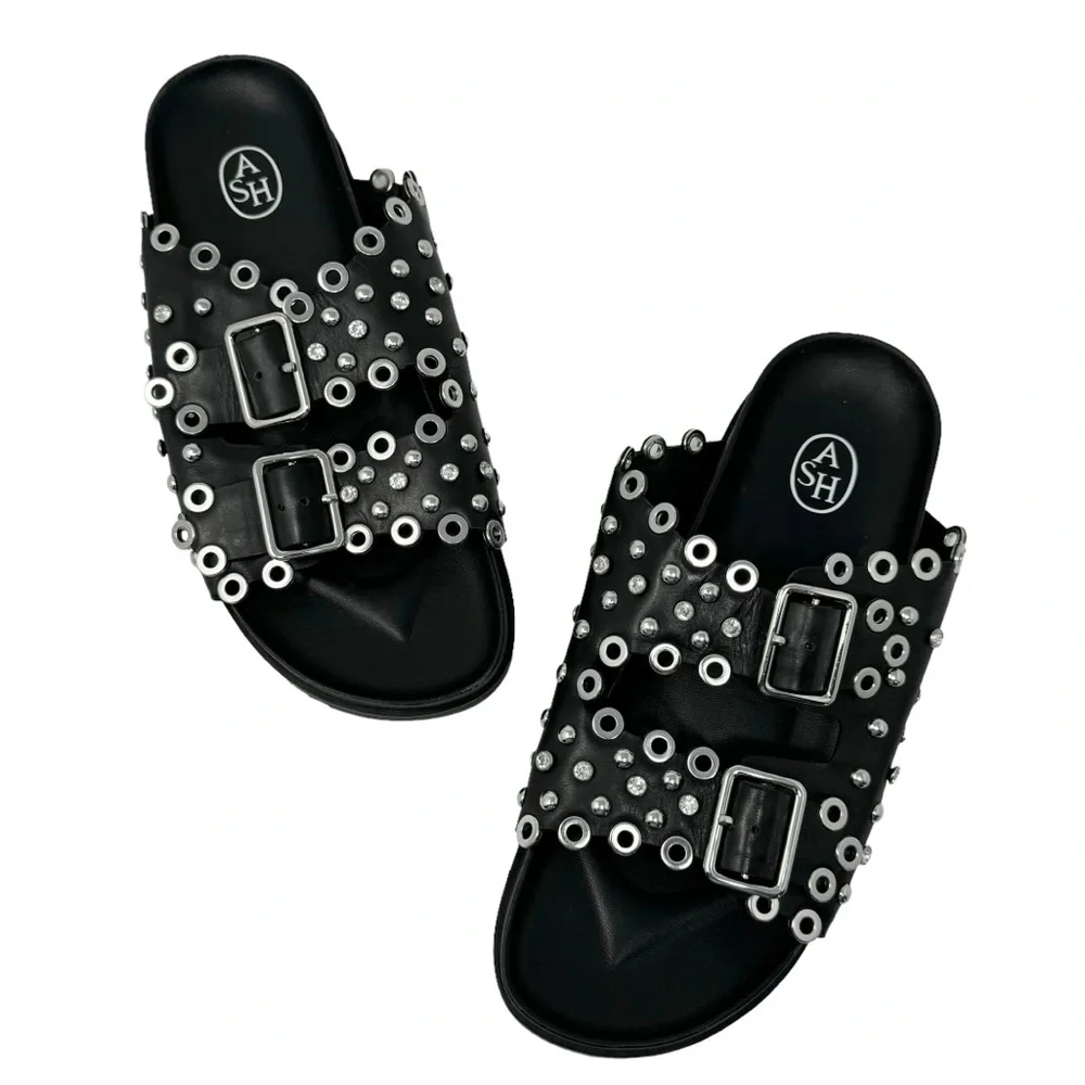 Ash New Universe Rhinestone Studded Leather Slip On Slides Sandals Black Size 40 - Picture 10 of 10